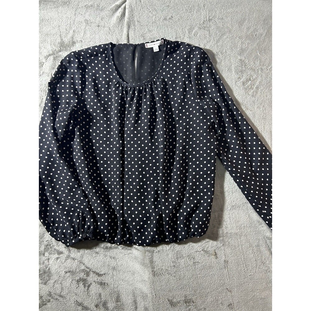 Tommy Hilfiger Womens Small Black White Polka Dot Blouse Long Sleeve Bubble Hem